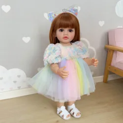 NPK 22inch Newborn Soft Silicone Vinyl Reborn Toddler Girl Doll Princess Betty with Long Brwon wig Hair