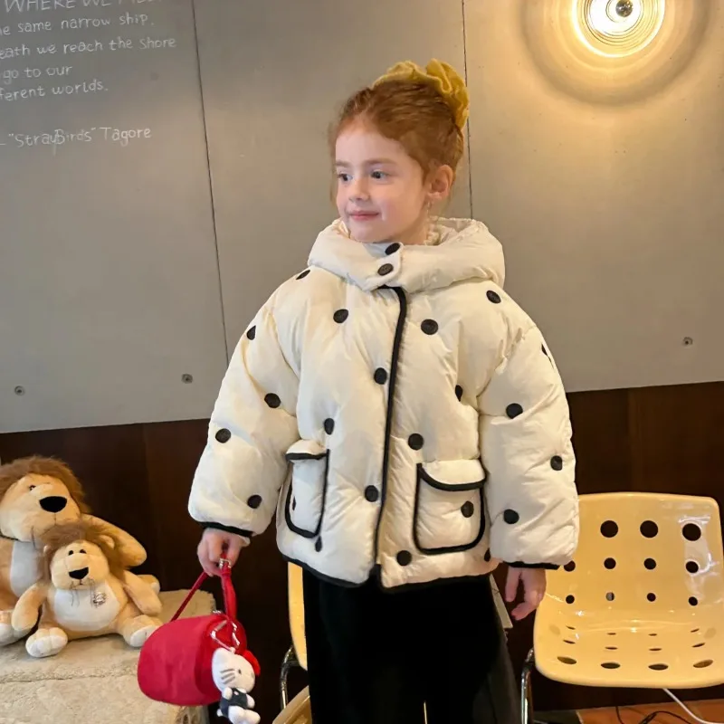 

2025 Autumn Winter New Polka Dot Cotton Jacket for Girls Baby Korean Fashion Warm Thick Hooded Short Cotton Jacket