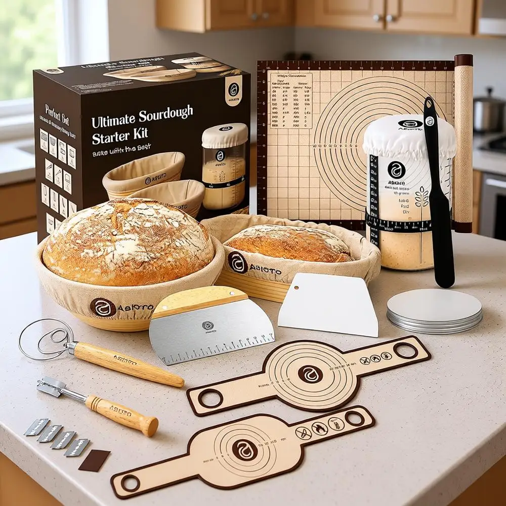 

Sourdough Starter Kit: 10 Round & 11 Oval Banneton Proofing Baskets and 34oz Jar for Beginner Sourdough Bread Supplies