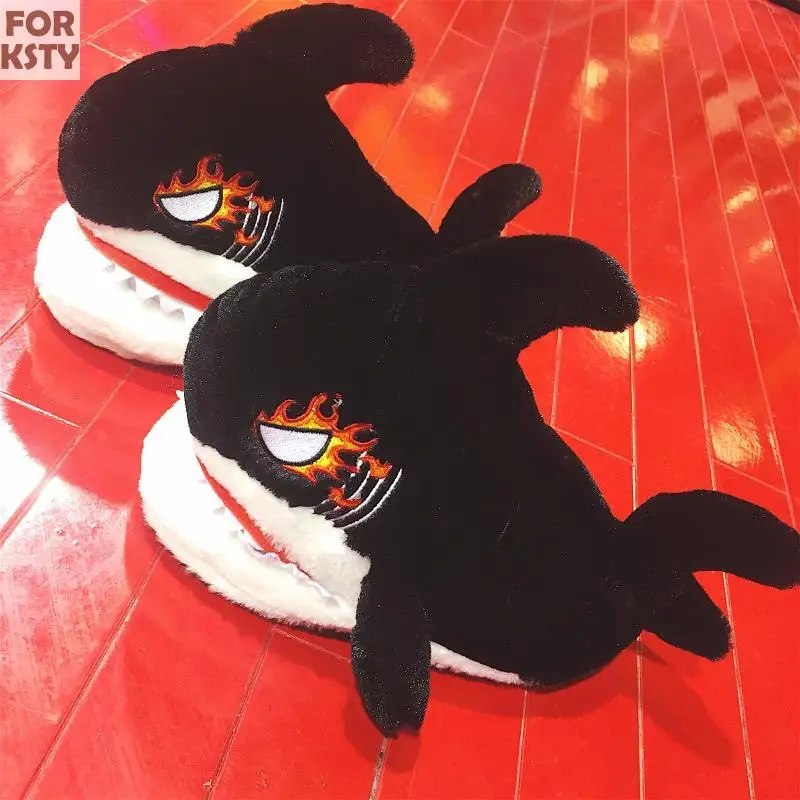 Korean style cartoon plush shark slippers for men women, super fluffy soft as clouds, cute warm flat heel house slippers,winter