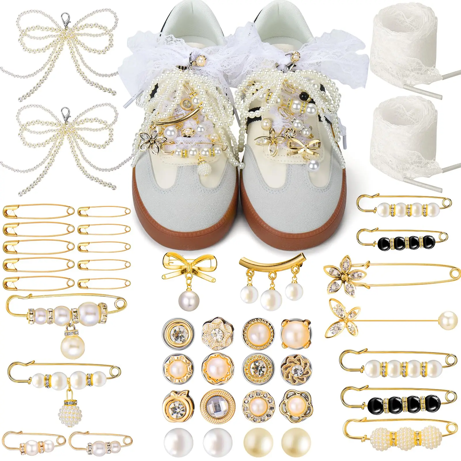 

43pcs Shoes Charms for Sneakers Socks, Pearl Shoe Lace Charms Jewelry, Junk Socks Pins, Stylish Decoration for Women, Brooch Pi