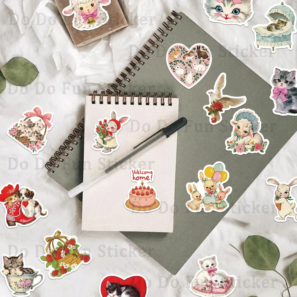 50PCS Retro Watercolor Fairy Tale Style Animal Sticker Rabbit Cat Duck Deer Collection Decoration Scrapbook Book Luggage Guitar