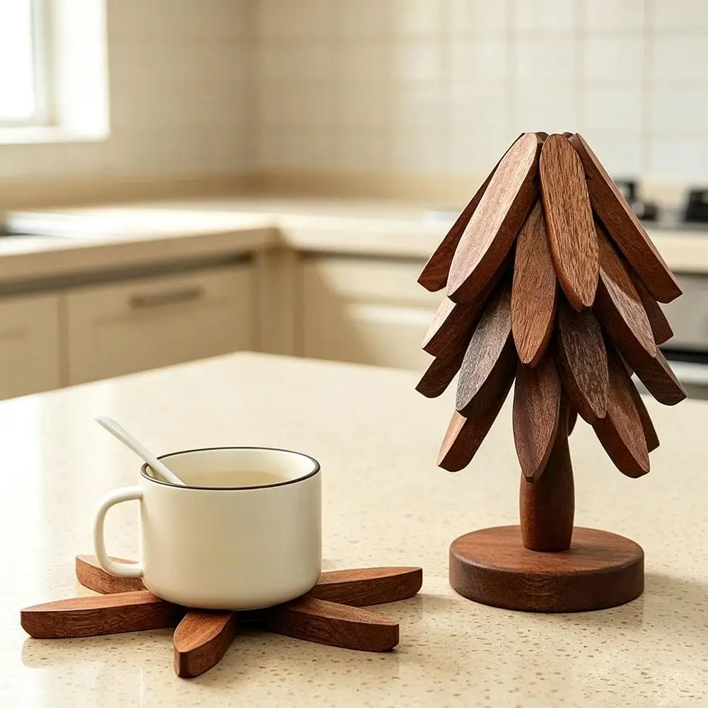 Christmas Tree Wooden Trivet Set Heat Resistant Table Mats with Storage Stand for Teapot Bowl Pot Kitchen Home Decor view 5