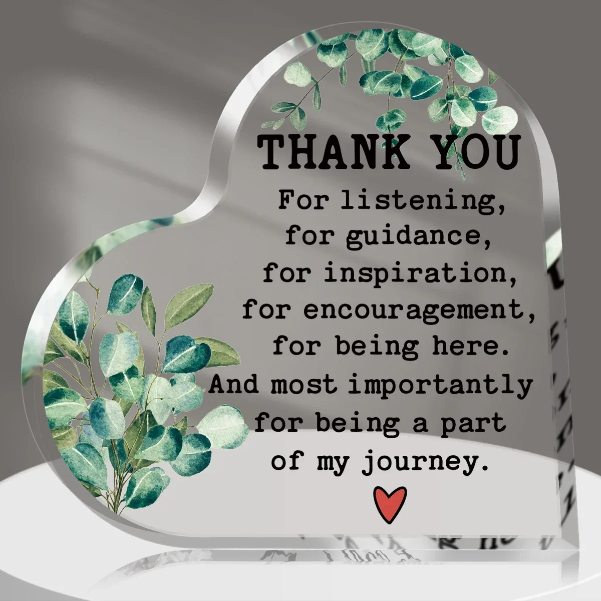 Heart Acrylic Desk Plaque Thank You Gift, Eucalyptus Floral Appreciation Keepsake Sign, Inspirational Gratitude Quote Desktop Gift