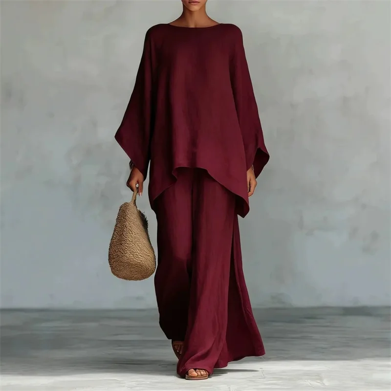 Ladies Round Neck Top Pantalons Suit Spring Summer Women Fashion Wide-leg Pants 2PCS Korean Femme Linen Blend Shirt Trousers Set