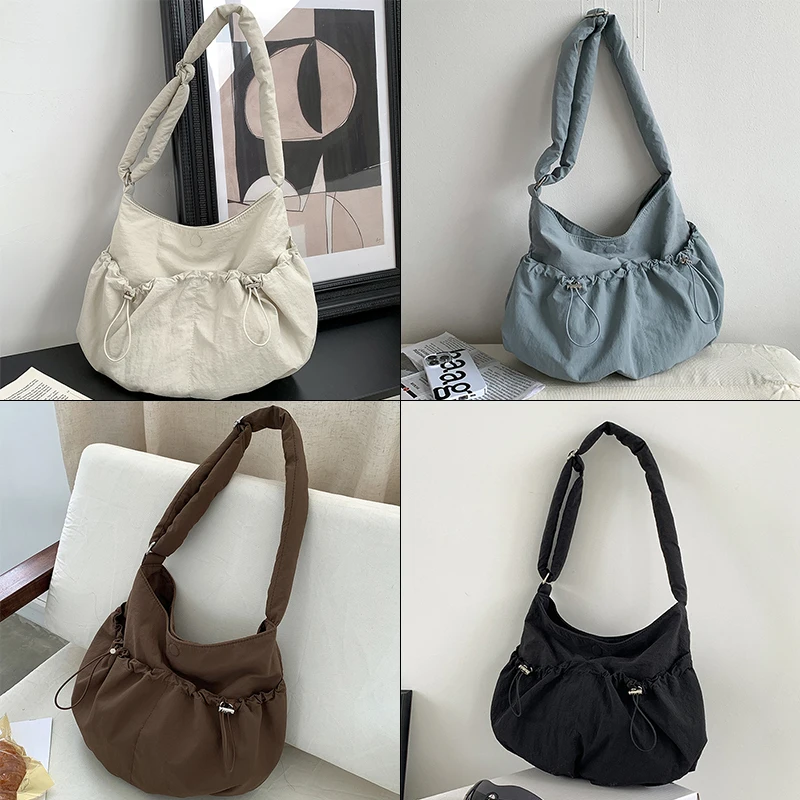 New College Students Pleated Bag Casual Niche Korean Solid Color Nylon Bag Large Capacity Female Crossbody Shoulder Bag for Girl