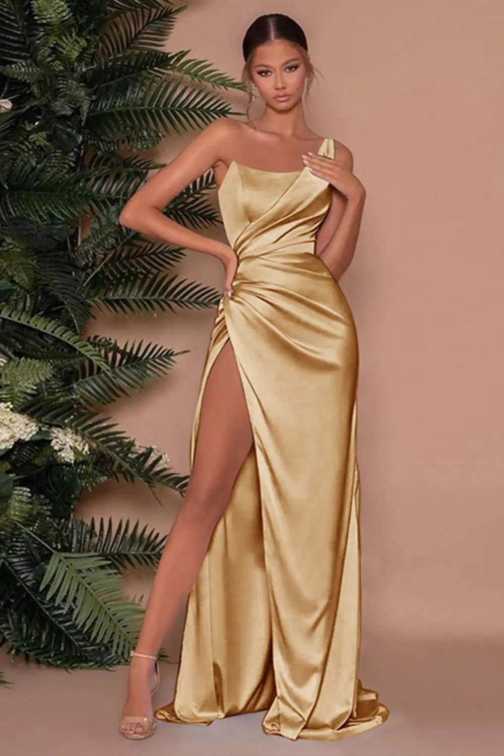 

Luxury Satin One-Shoulder Bridesmaid Dresses Ruffles High Slit Floor-Length Lace Up Prom Dress Wedding Party Women Formal Gowns