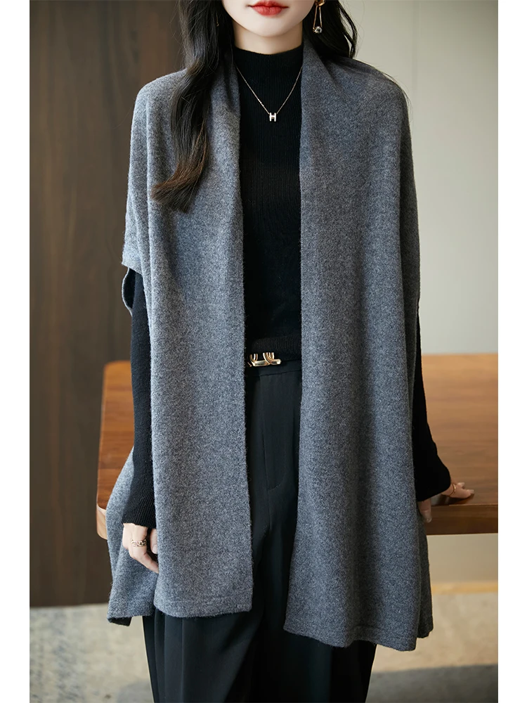 100% Wool Shawl Women's Knitted Sweater Cardigan Spring and Autumn New Style Solid Color Shawl Jacket Fashion Korean