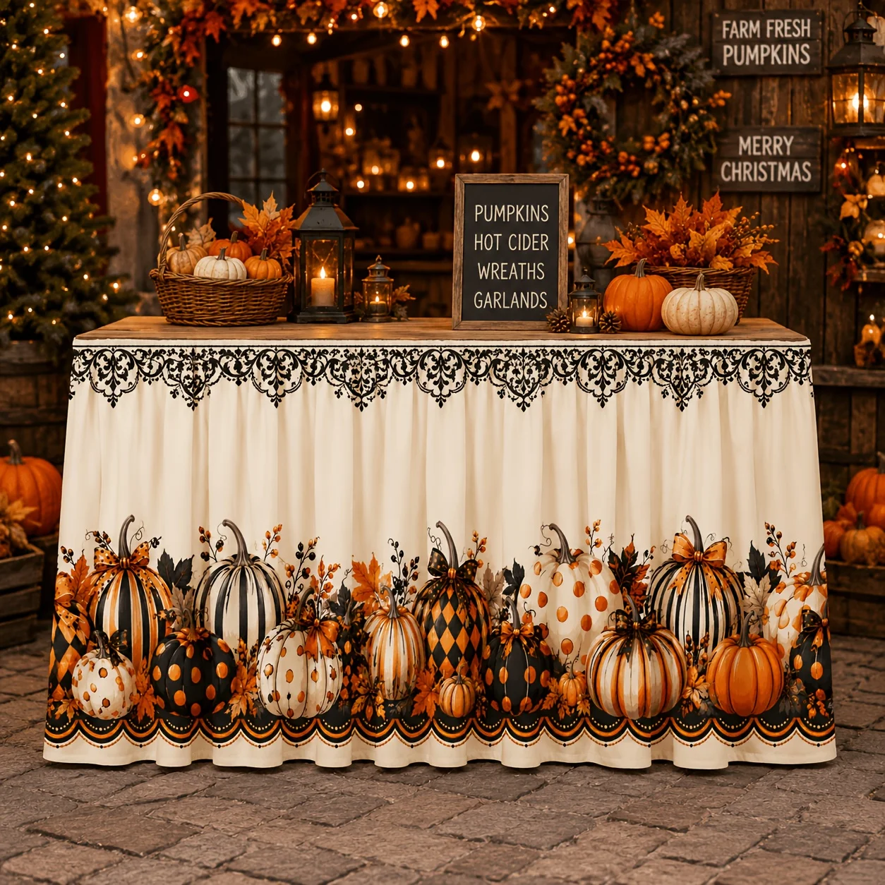 Tablecloth table skirt 1 piece Autumn harvest Pumpkin field Orange black white polka dot lace edgezyc