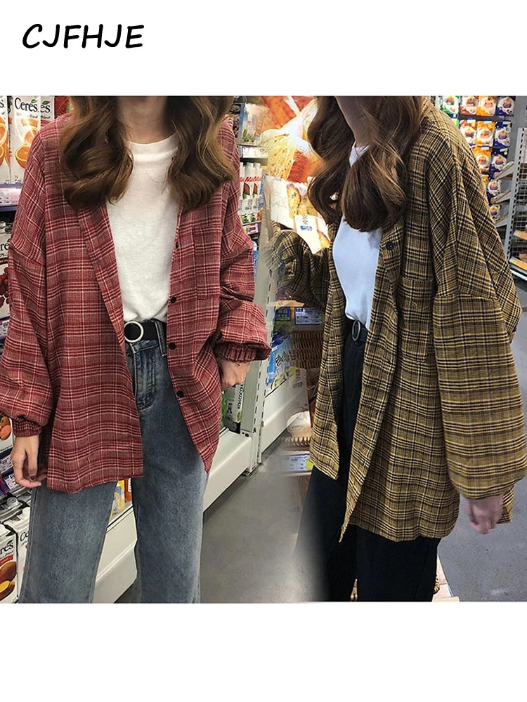 CJFHJE New Woman Vent Korean Vintage Plaid Shirt Single Breasted Turn Down Collar Cotton Long Sleeve Button Feminina Cardigan