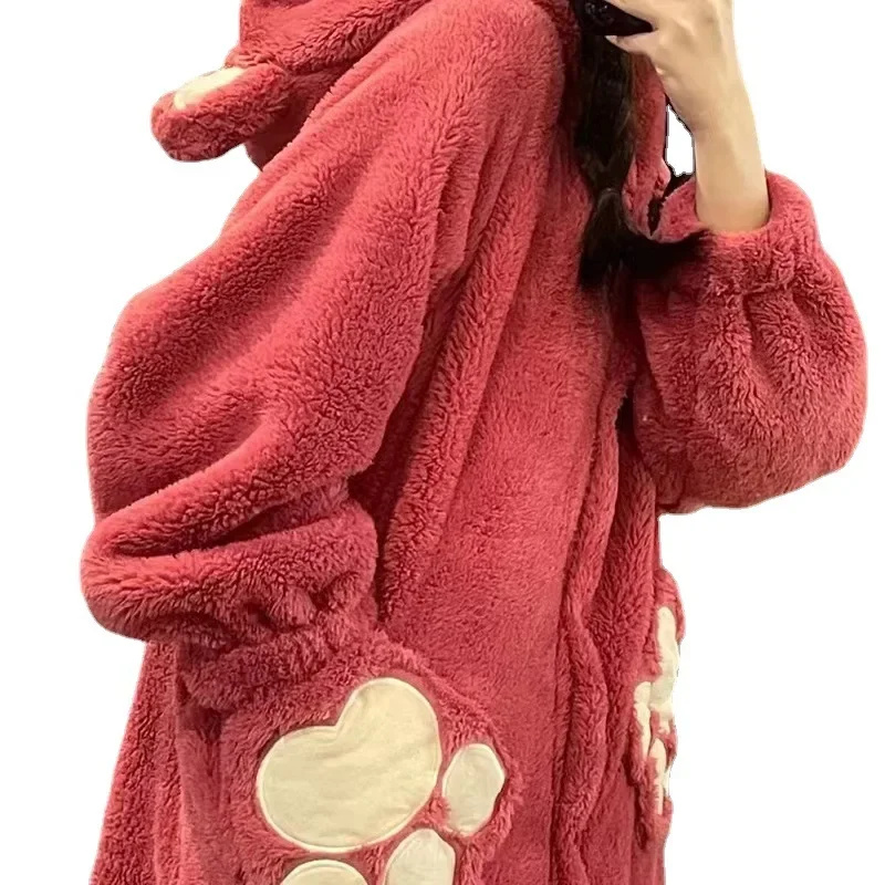 2024 Autumn/Winter New Cute Strawberry Bear Robe Women\'s Thick and Long Warm Coral Velvet Pajama Sleeping Skirt