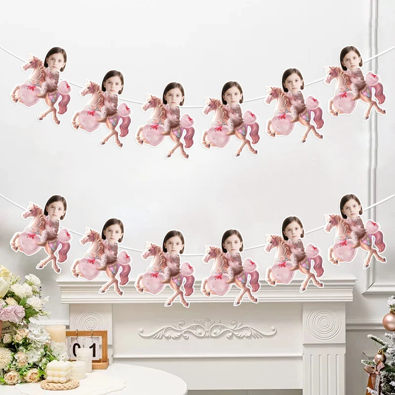 6/12Pcs Custom Photo Carousel Horse Shape Bunting Garland, Personalized Face Portrait Banner, DIY Customized Hanging Pendant