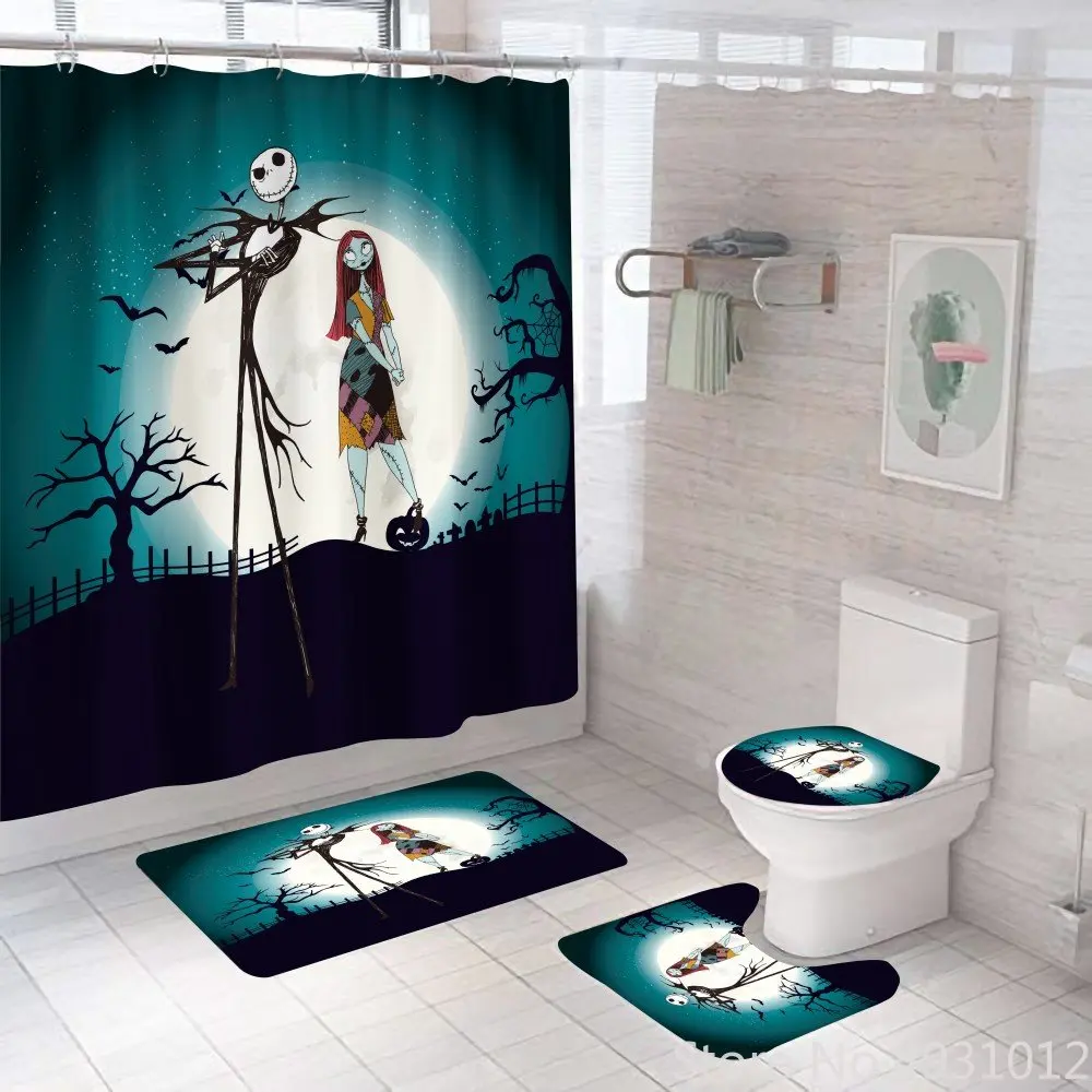 Anime Nightmares Before Christmas Shower Curtain Set 4pcs For Bathroom Waterproof Jack and Sally Bath Curtains Decoration