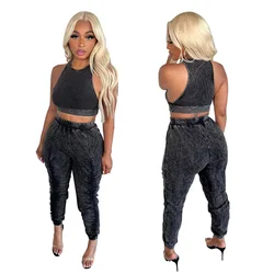 Solid Casual Tracksuit Women Two Piece Set Sporty Fitness Tank Crop Top Ruched Pencil Pants Sweat Suits Jogger Workout Yoga Sets