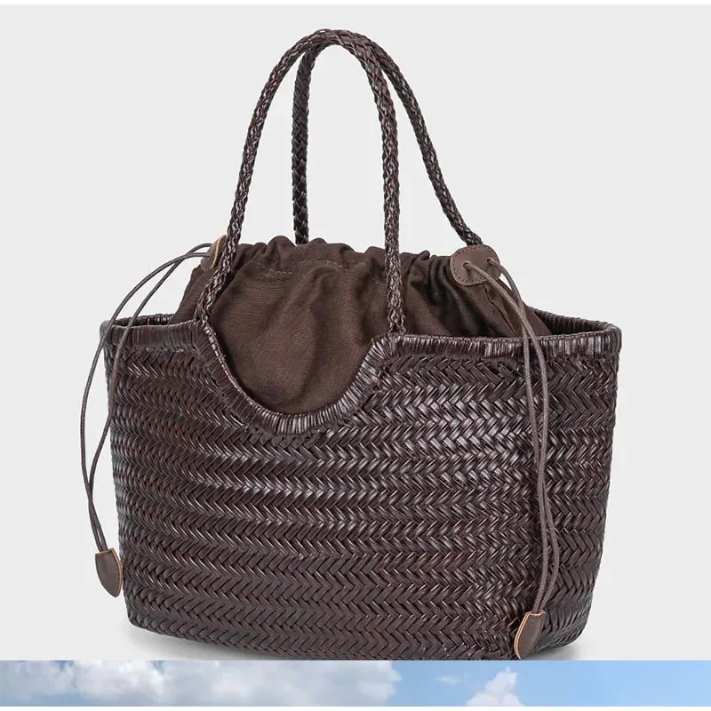Brand Hand-woven Tote Bag French Genuine Leather Large Vegetable Basket Bag With Woven Inner Pocket Shoulder Underarm Tote Bag