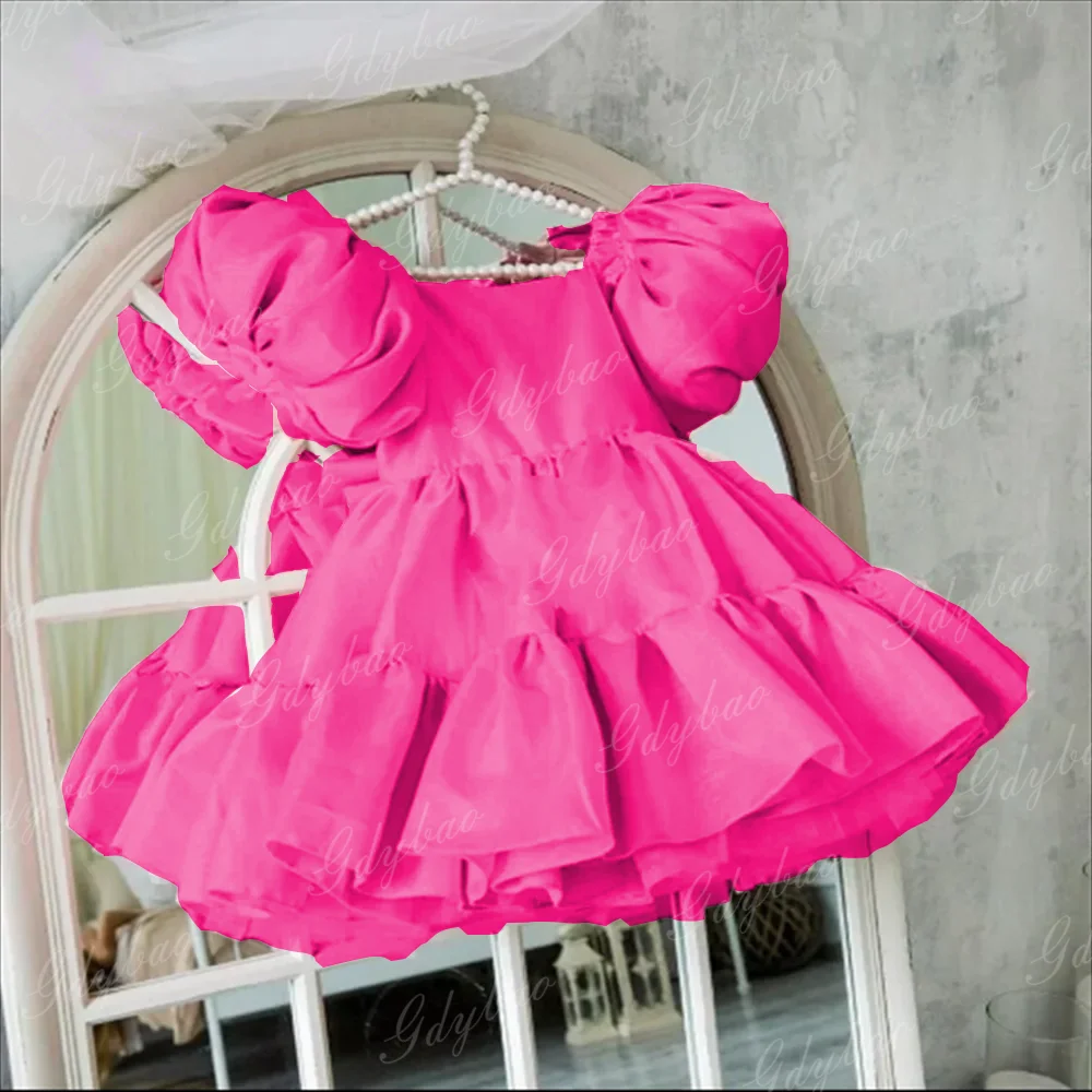 カスタムホワイトサテンバルーンスリーブガールドレスボウふわふわブライズメイドゲスト子供初聖体拝領誕生日パーティードレス