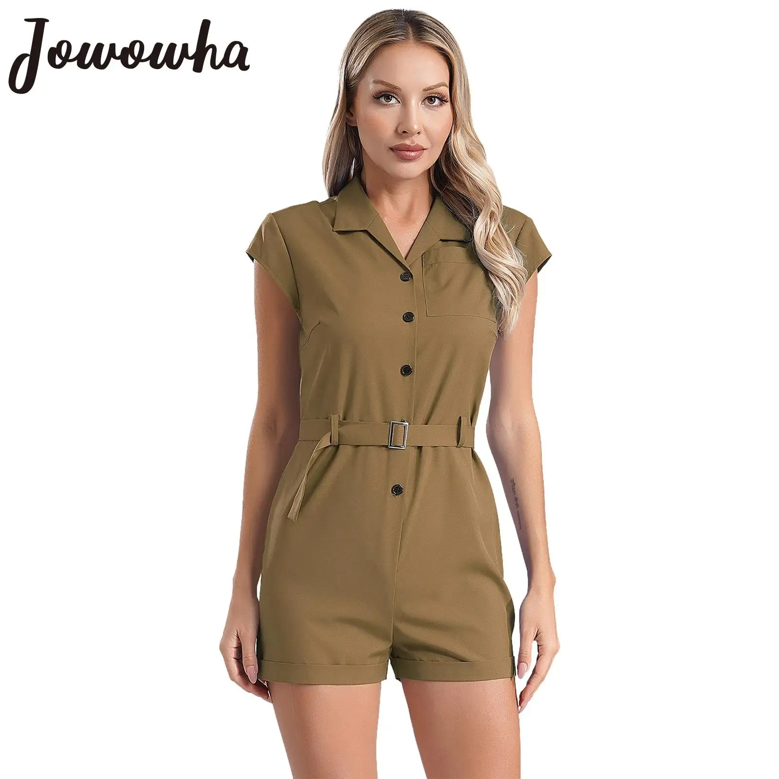 

Womens Fashion Vintage Jumpsuits Summer Casual Solid Color Turn-Down Collar Button Down Romper with Belt Vacation Party Bodysuit