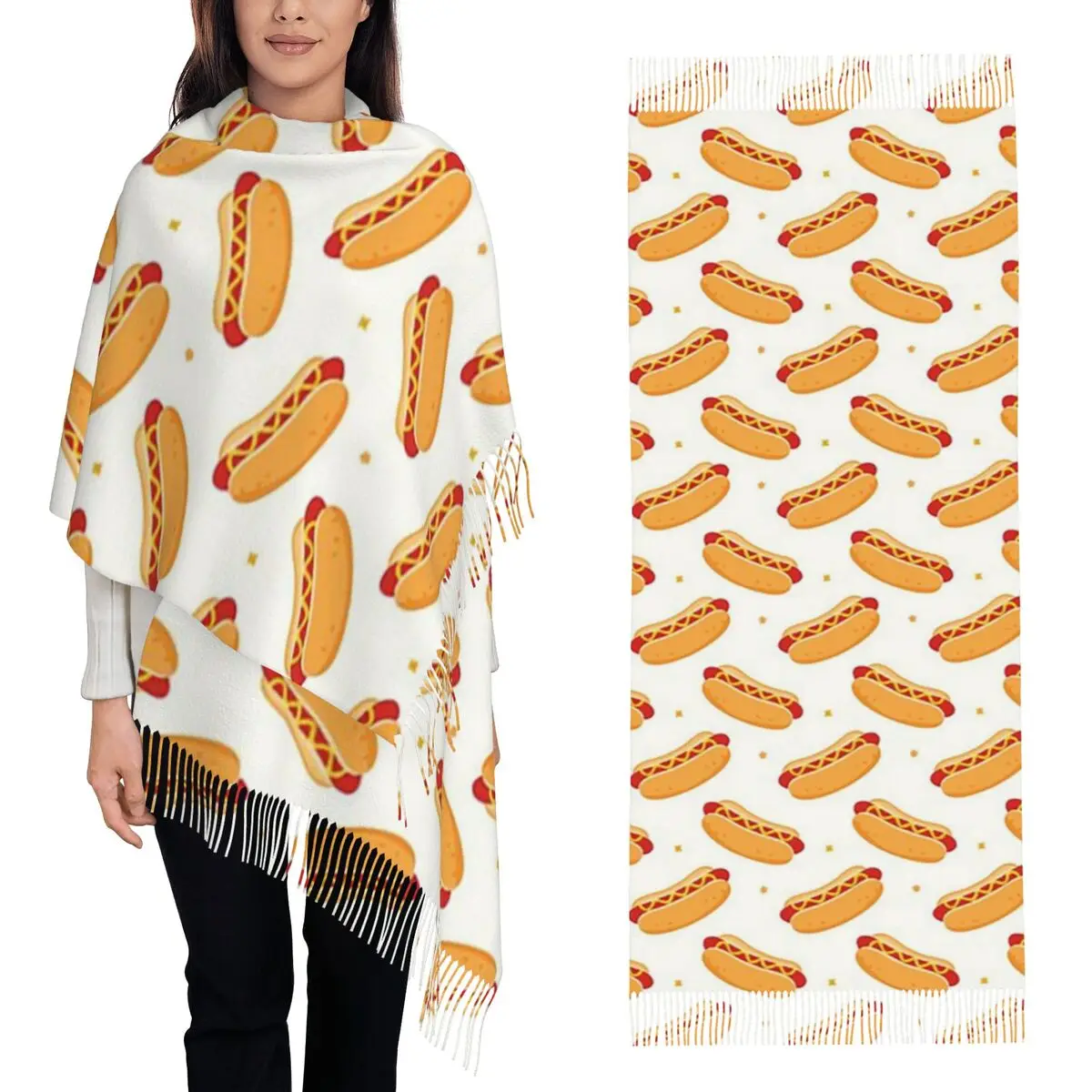 Hot Dog Food Delicious Pattern Scarf Tassel Scarves for Women Soft Warm Shawls and Wraps Large Fall Winter Shawl Wrap