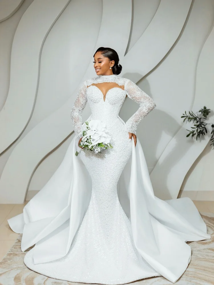 Custom White Mermaid Wedding Dress High Neck Illusion Long Sleeve Beaded Detachable Satin Overskirt African Bridal Gown