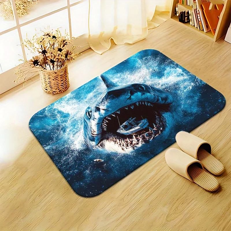 1pc, 2D Flat Giant Shark Swallowing Boat Ocean Storm Flannel Bath Mat Non Slip Thriller Sea Creature Rug For Bathroom FloorDecor