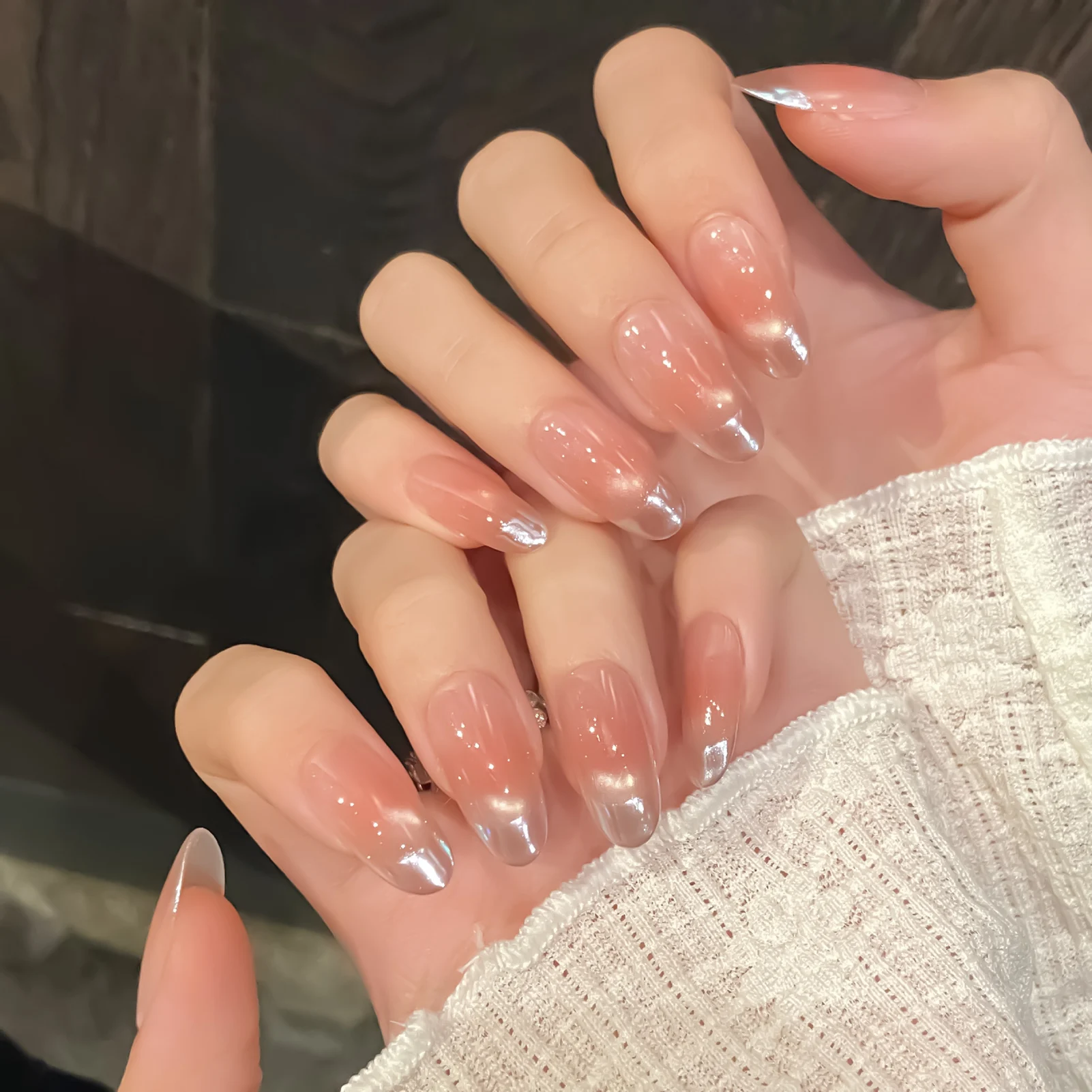 10 個ピーチブラッシュスマイルオーロラフレンチアーモンドプレス爪キャッツアイ手作り偽爪 10 個ミディアムオーバル甘い付け爪