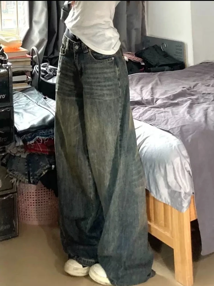 Deeptown Y 2K Vintage High Street Wide Leg Jeans Vrouwen Amerikaanse Retro Casual All-Match Streetwear Denim Broek 2000S Dames