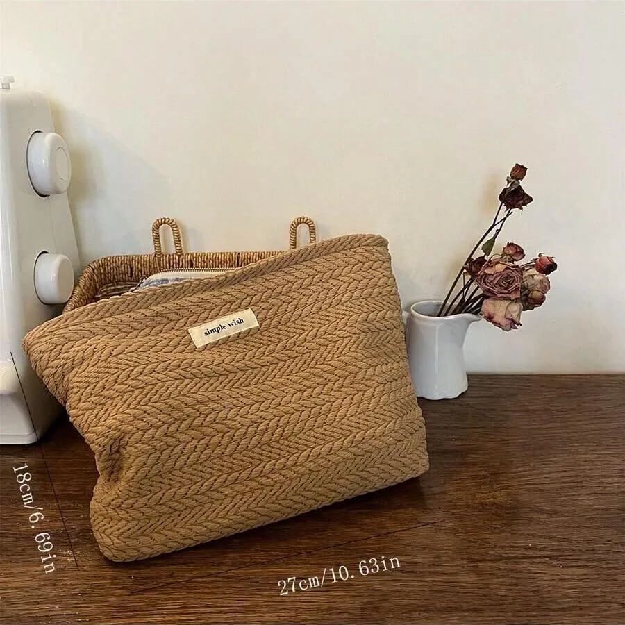 Bolsa de maquillaje de algodón tejida a mano: bolsa de cosméticos de ganchillo artística con cremallera, bolso de mano minimalista para mujer