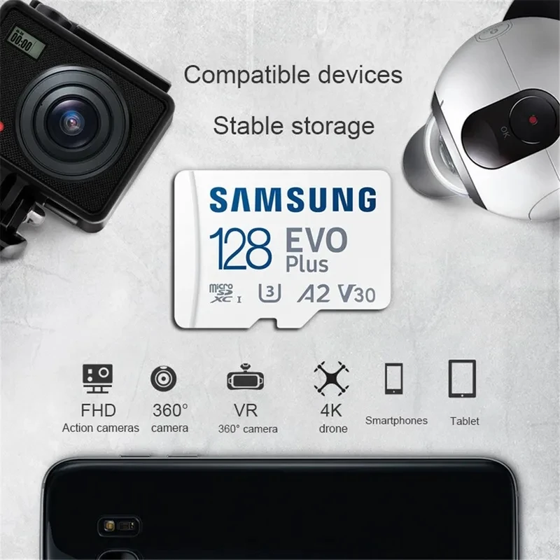 Tarjeta de memoria SAMSUNG TF (MicroSD) EVO Plus 4K U3 V30 A2 de 64 GB, 128 GB, 256 GB, 512 GB, lectura de alta velocidad de 160 MB/s para consolas y tabletas, con lector de tarjetas.