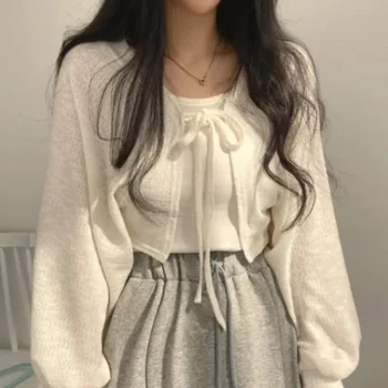 여성용 얇은 화이트 가디건, 자외선 차단 레이스업 니트웨어, 한국 스타일 캐주얼 랜턴 소매, 짧은 자외선 차단 상의, 여름 