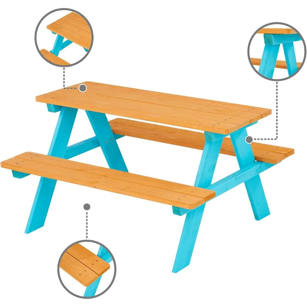 Kids Wooden Outdoor Picnic Table & Chair Bench Set with Built-in Seating, Durable & Easy Assembly