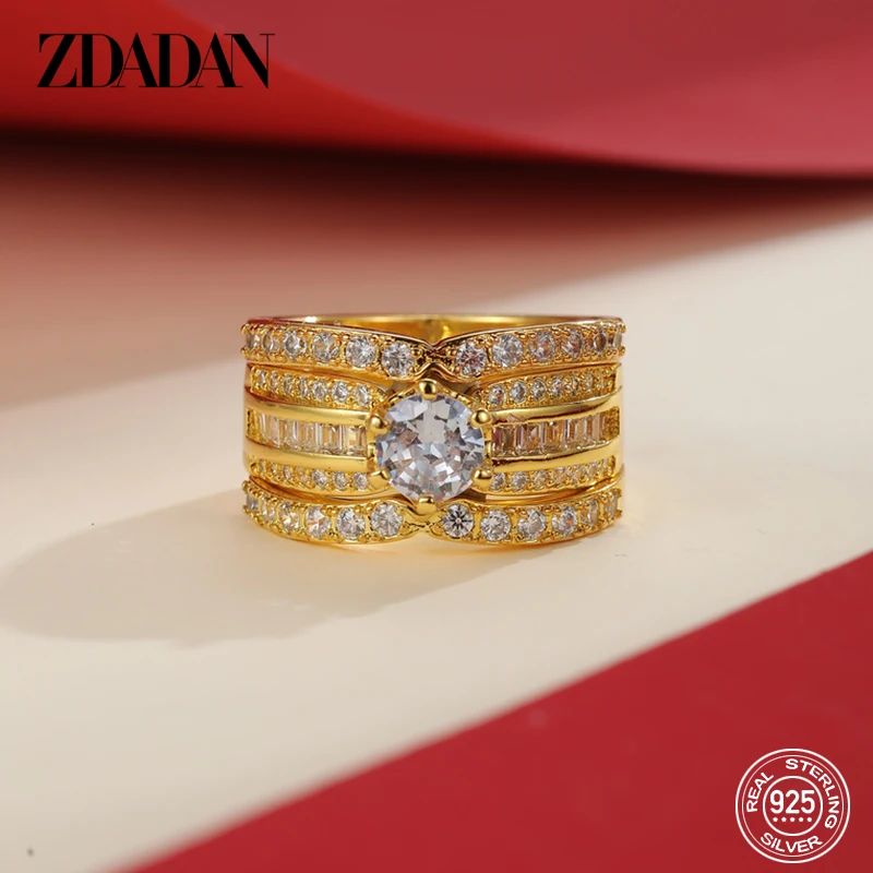 ZDADAN 925 Sterling Silver 18K Gold 3pcs Geometric Zircon Rings For Women Jewelry Gift