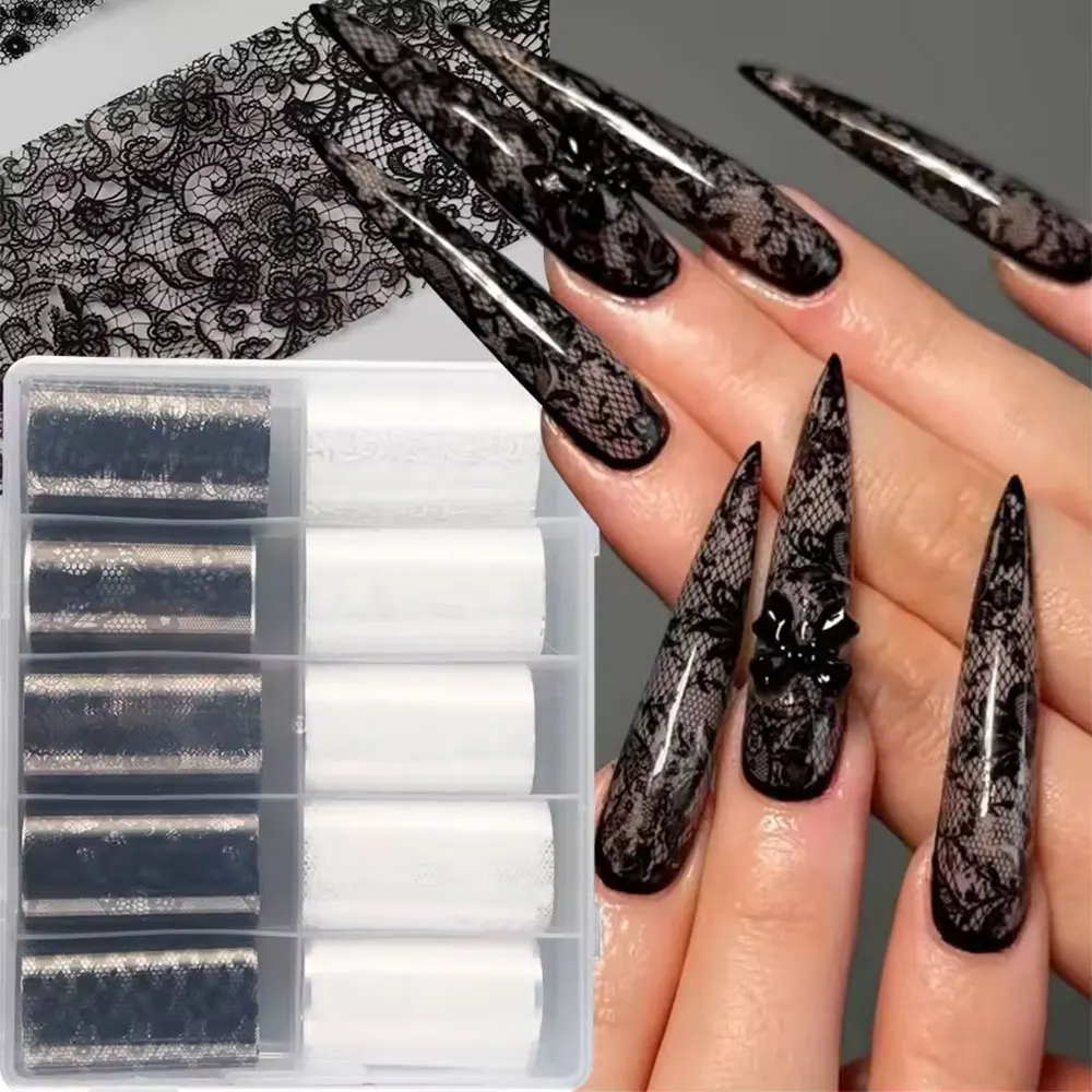 10 Rollen schwarze und weiße Spitzen-Nagelfolien-Aufkleber, elegante schwarze und weiße Spitzen-Fantasy-Blumen-Sternenhimmel-Papier-Nageldekorationen