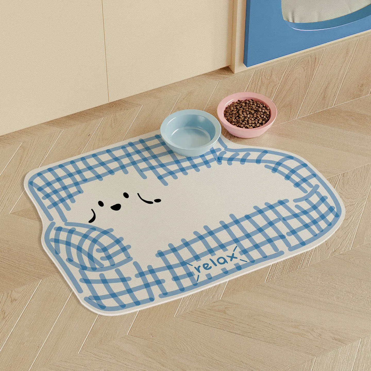VIKAMA Blue Plaid "Relax" Print Pet Feeding Mat Cute Puppy Waterproof Anti-Slip Food Mat for Cat Dog