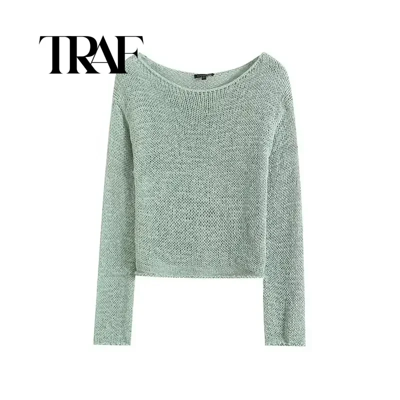 TRAF Sweaters for Women Fashion Elegant See-through Pullovers New Stretch Tops Women Long Sleeve Knitted Sweater