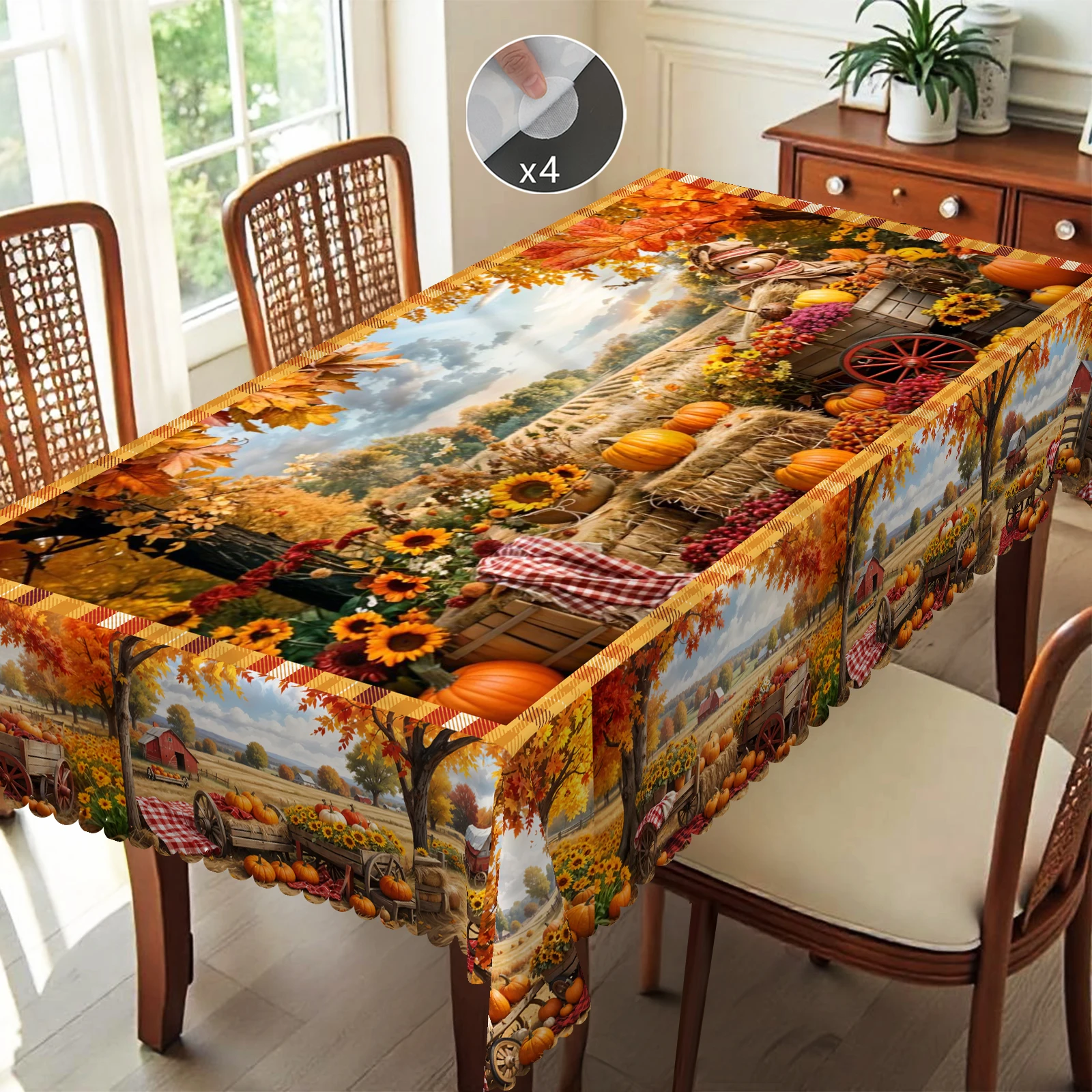 1 pièce, nappe de style pastoral + 4 auto-adhésives, feuille d'érable, épouvantail de blé, citrouille, fleur de tournesol, bord en relief pour la cuisine de la maison, table à manger, balcon, décoration de table de pique-nique en plein air