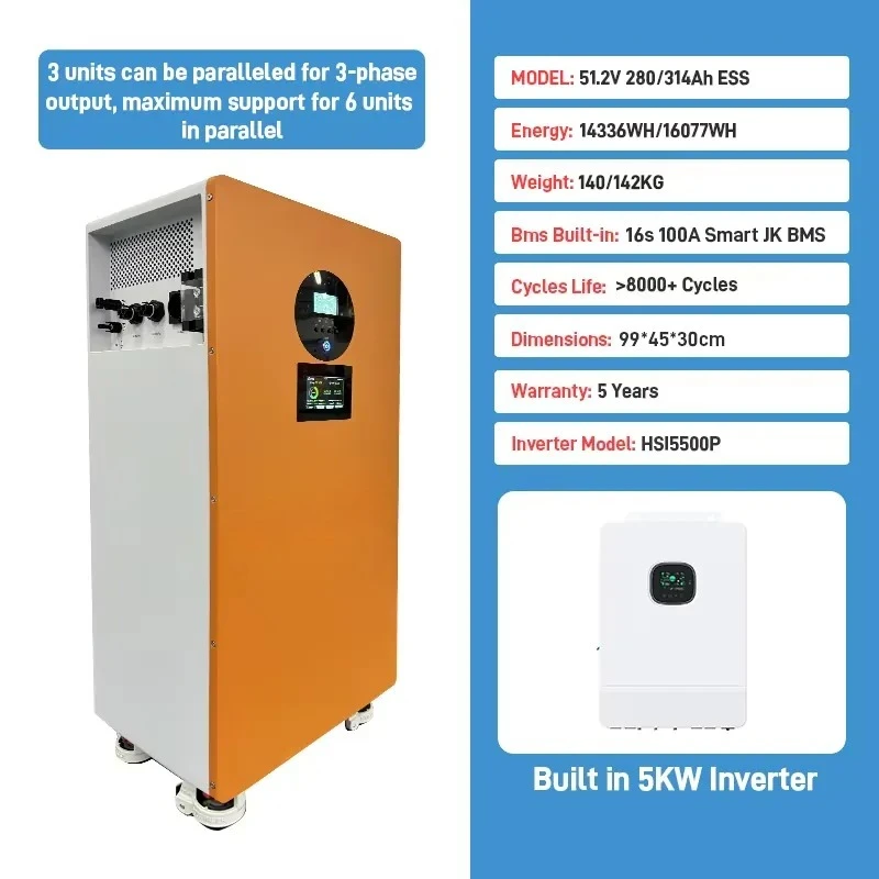 NEWJK BMS 16KWH Built-in 5KW Inverter/Active Balancer 51.2V 314Ah LiFePO4 All-in-One Home Energy Storage Battery System off