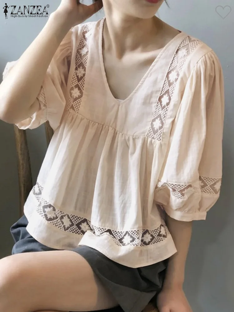 ZANZEA Casual V คอเสื้อหลวมขนาดใหญ่ผู้หญิงเสื้อฤดูร้อน 3/4 Sleeve Blusas 2025 วันหยุด Hollowing ออกแบบ Tunics