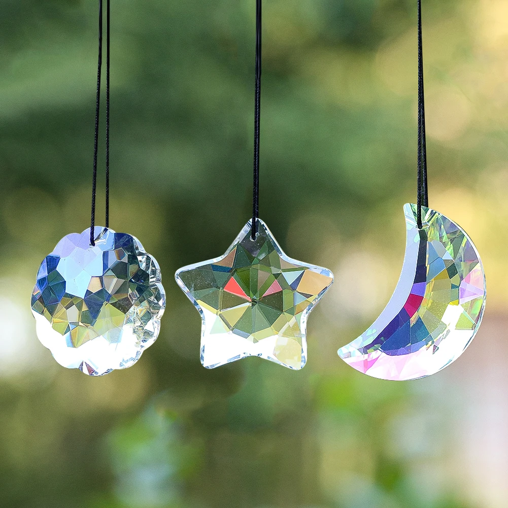 Sun Moon Star Crystal Suncatcher Hanging Mandala Crescent Sunlight Catcher Reflection Rainbow Maker Glass Prisms Garden Decor