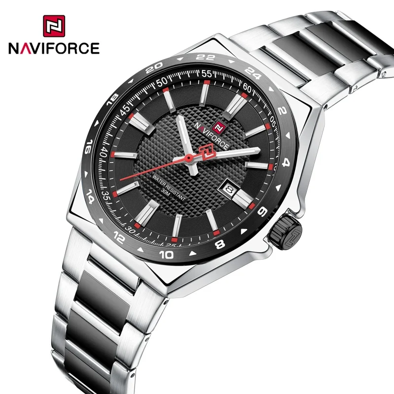 NAVIFORCE Unique Men's Quartz Watch Date Display Stainless Steel Watchband 3ATM Waterproof Luminous Pointer Men's Watch