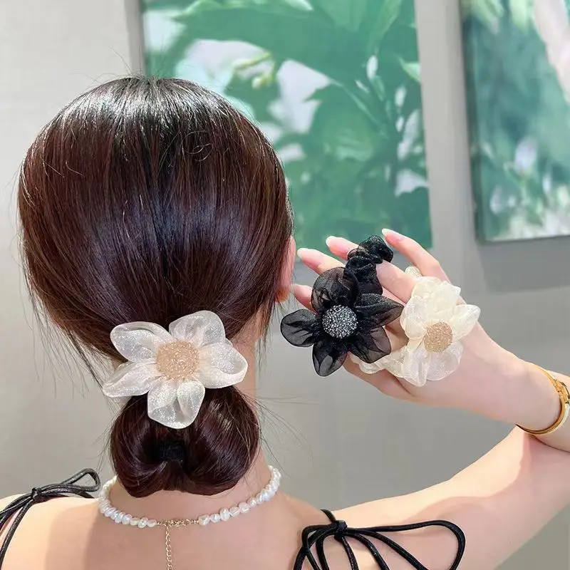 Korean Women Sweet Ladies Bling Bling Zircon Beige Black Elatic Scrunchies , Hair Bands Tie for Woman , Headwear Accessories