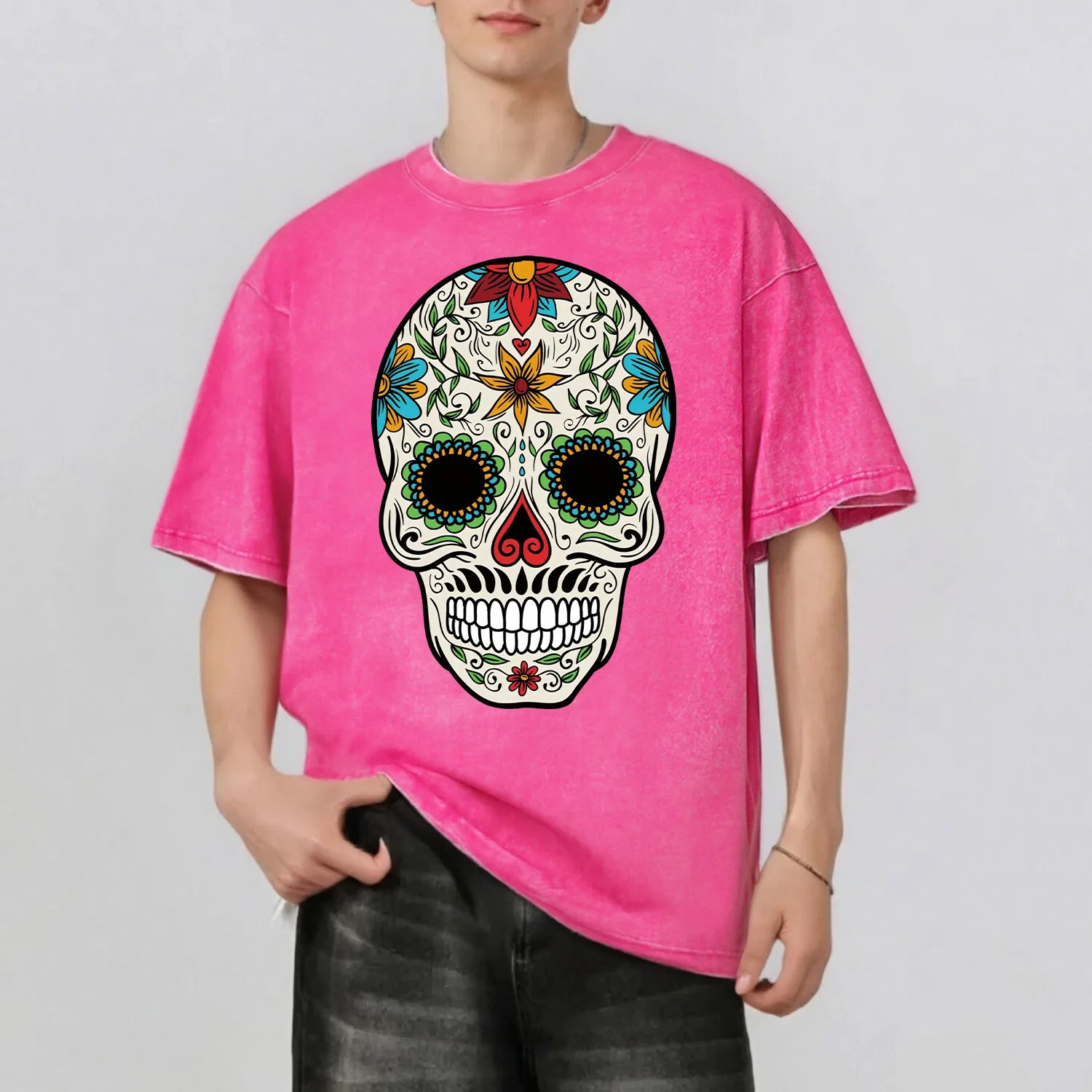 

Skull Graphic Print Fashion Retro Style Washed T-Shirt Casual Short Sleeve 100% Cotton Unisex Top 230G