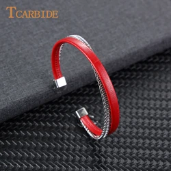 Women Premium Genuine Leather Bracelet Stainless Steel Accessories Beautiful Bangle for Girlfriend Festival Gift Size Adjustable