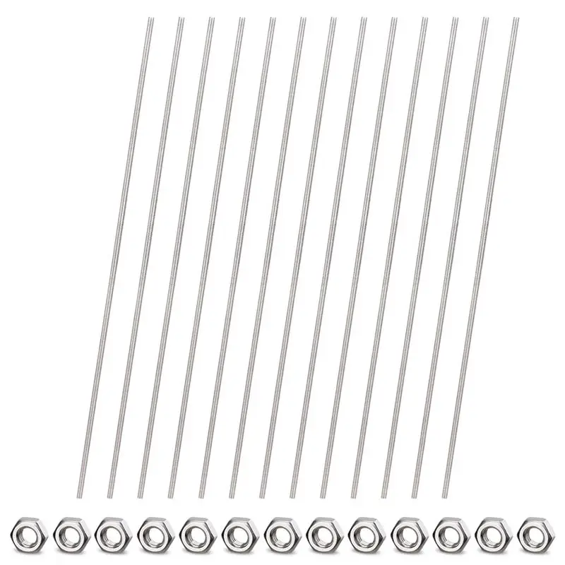 N10R-26Pcs 8/32Inch Threaded Rods And Hex Nuts, 12Inch Stainless Steel Fully Rod Threaded For Beaded Garden Stake Rods