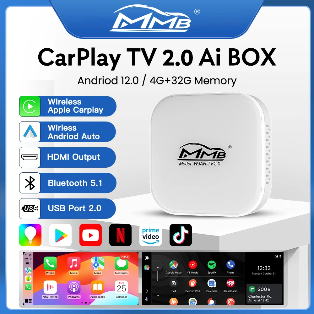 

MMB TV Box 2.0 Беспроводной адаптер CarPlay и Android Auto для автомобиля, Android 12.0, BT5.1, Ai Box для Porsche, Audi, YouTube, Netflix, Play Store