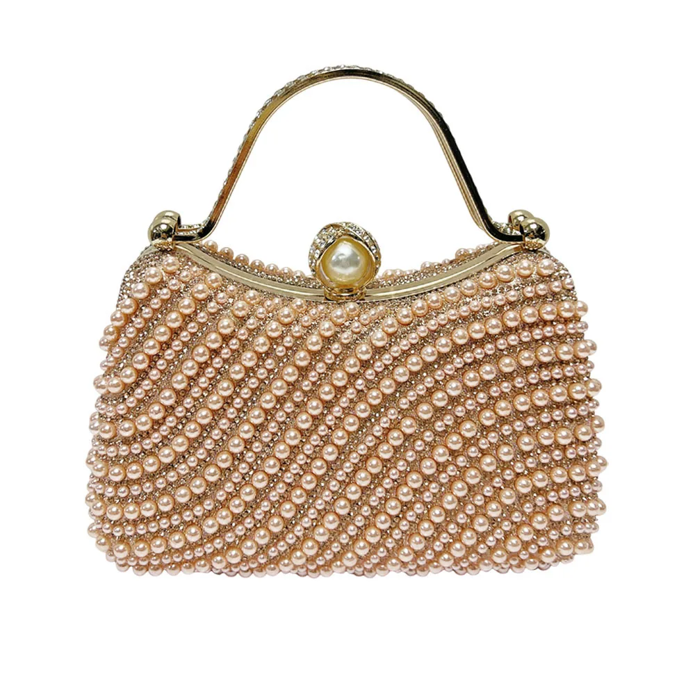 2026Light Pink Full Pearl Beaded Clutch Bag Rhinestone Pearl Metal Lock Handle Evening Handbag Luxury Formal Wedding Aged Ladies