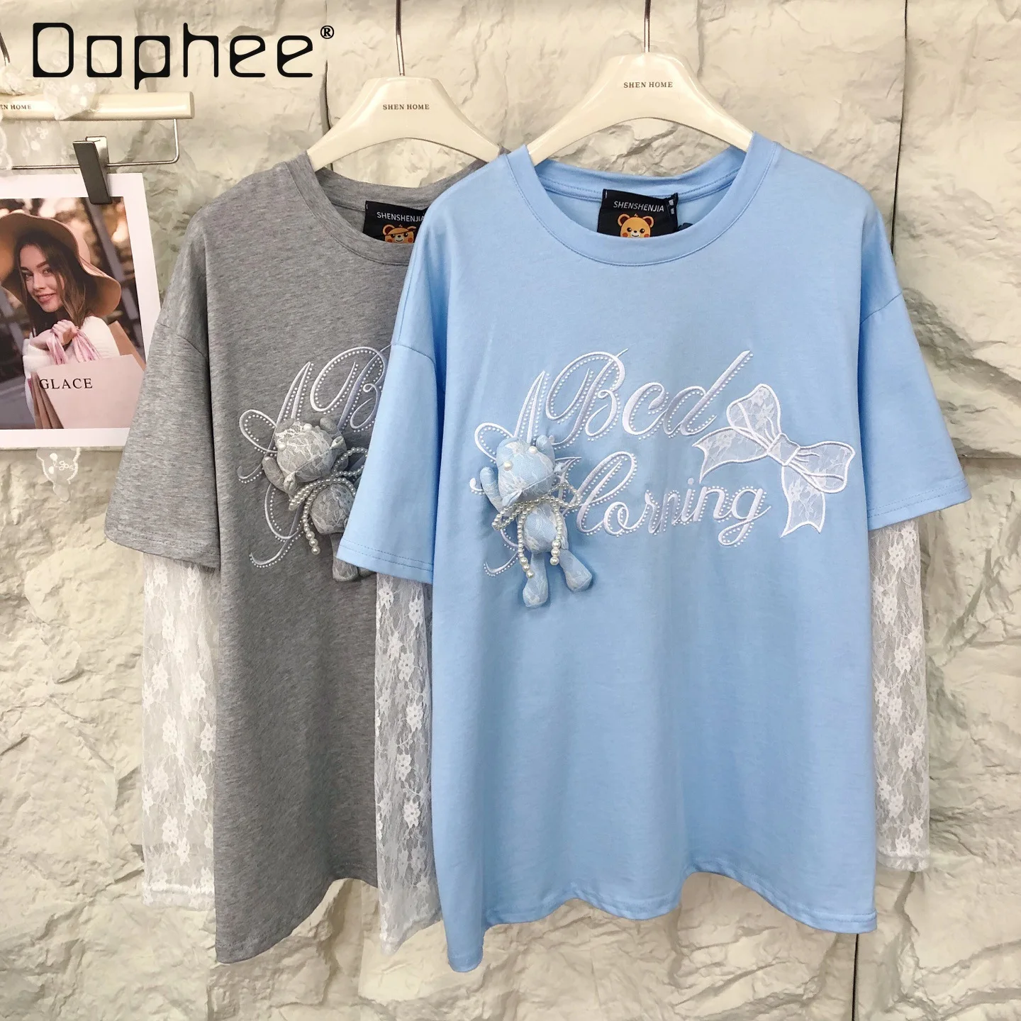 

2025 Autumn New Korean Style Design Rhinestone Letter Embroidery Versatile Lace Patchwork Long Sleeve Loose T-Shirt Women Tops