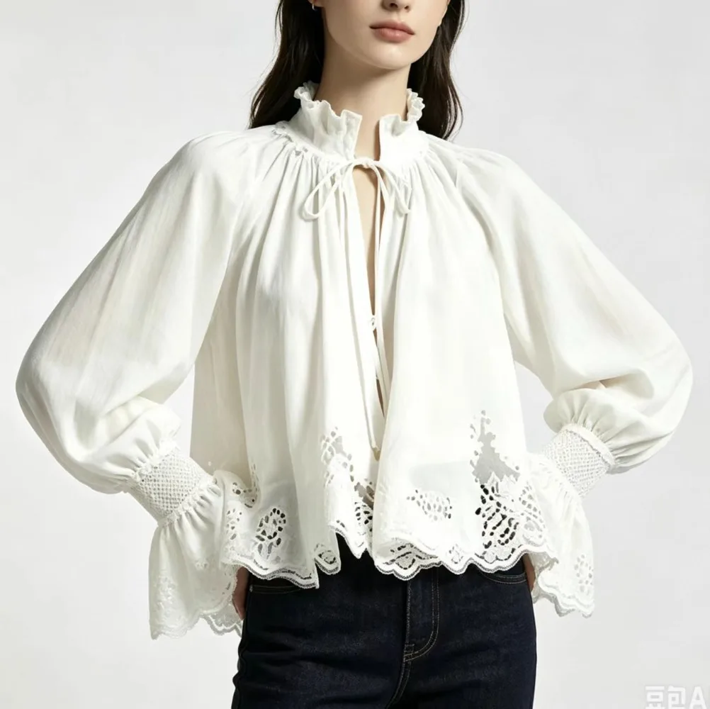 Customization Women's Vintage Hollow Lace Blouse Ruffled Collar Tie Front Puff Flare Sleeve Loose Cropped White Shirt For Daily view 4