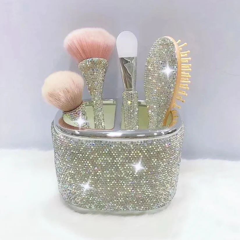 Makeup Brush Organizer with Diamond Compartment Large Capacity Desktop Cosmetic Eye Shadow Lipstick Holder Multipurpose Storage