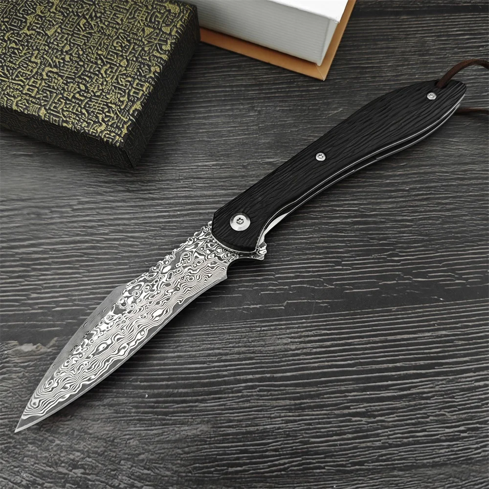 Folding Knife Damascus Steel Blade Ebony Handle High Quality Outdoor EDC Camping Hiking Survival Hunting Knife Men\'s Gift