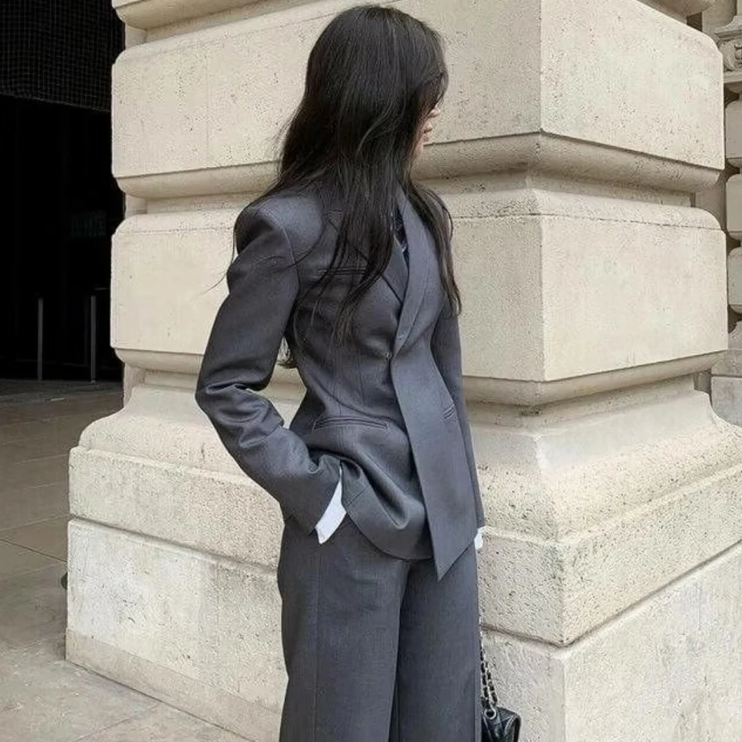 Women Suit 2 Pieces Dark Gray Solid Loose For Wedding Party Bussinss Work Office Commute Daily Blazer And Pants